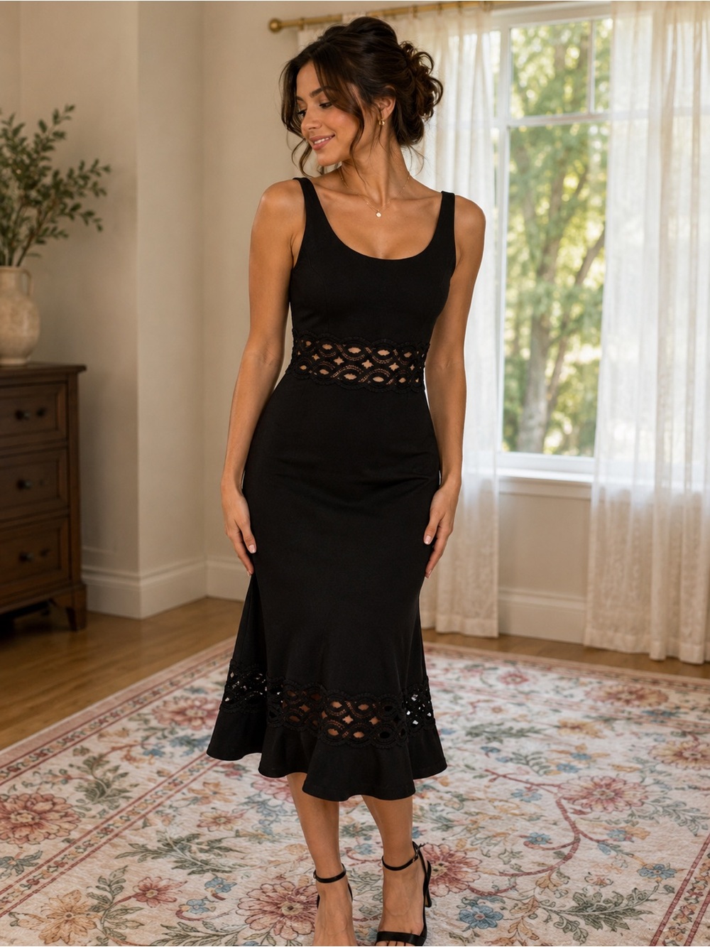 Lulu's Black Crochet-Waist Midi Dress